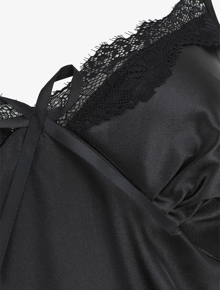 Nuisette unie à col V en dentelle effet satiné - Noir - 3