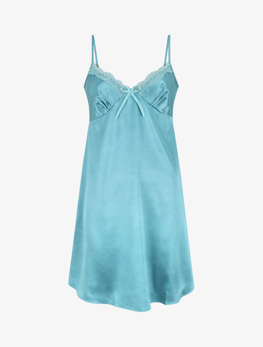 Nuisette unie à col V en dentelle effet satiné - Turquoise - 4