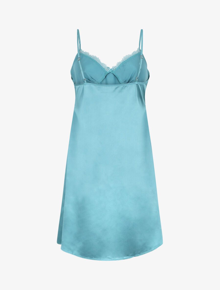 Nuisette unie à col V en dentelle effet satiné - Turquoise - 2