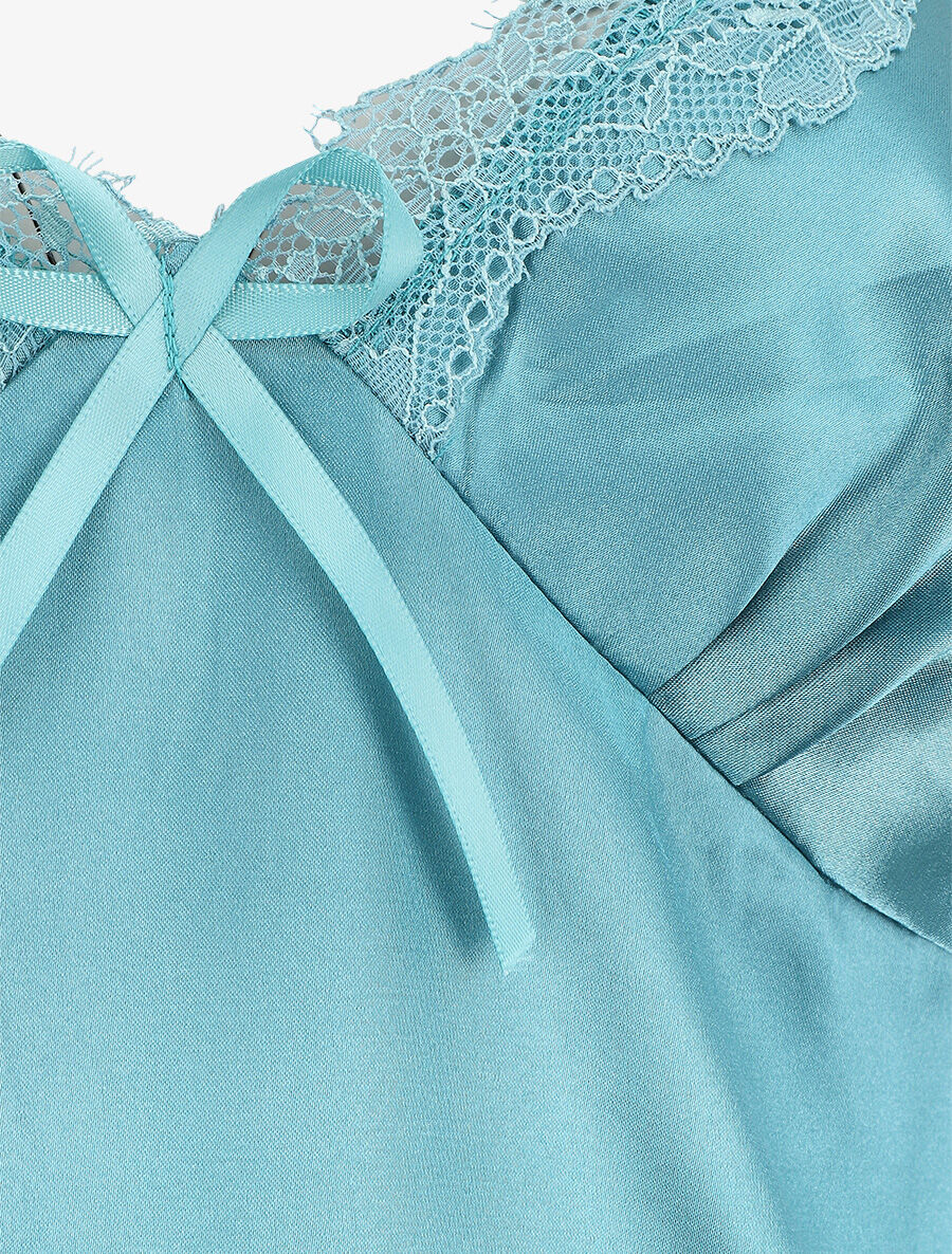 Nuisette unie à col V en dentelle effet satiné - Turquoise - 3