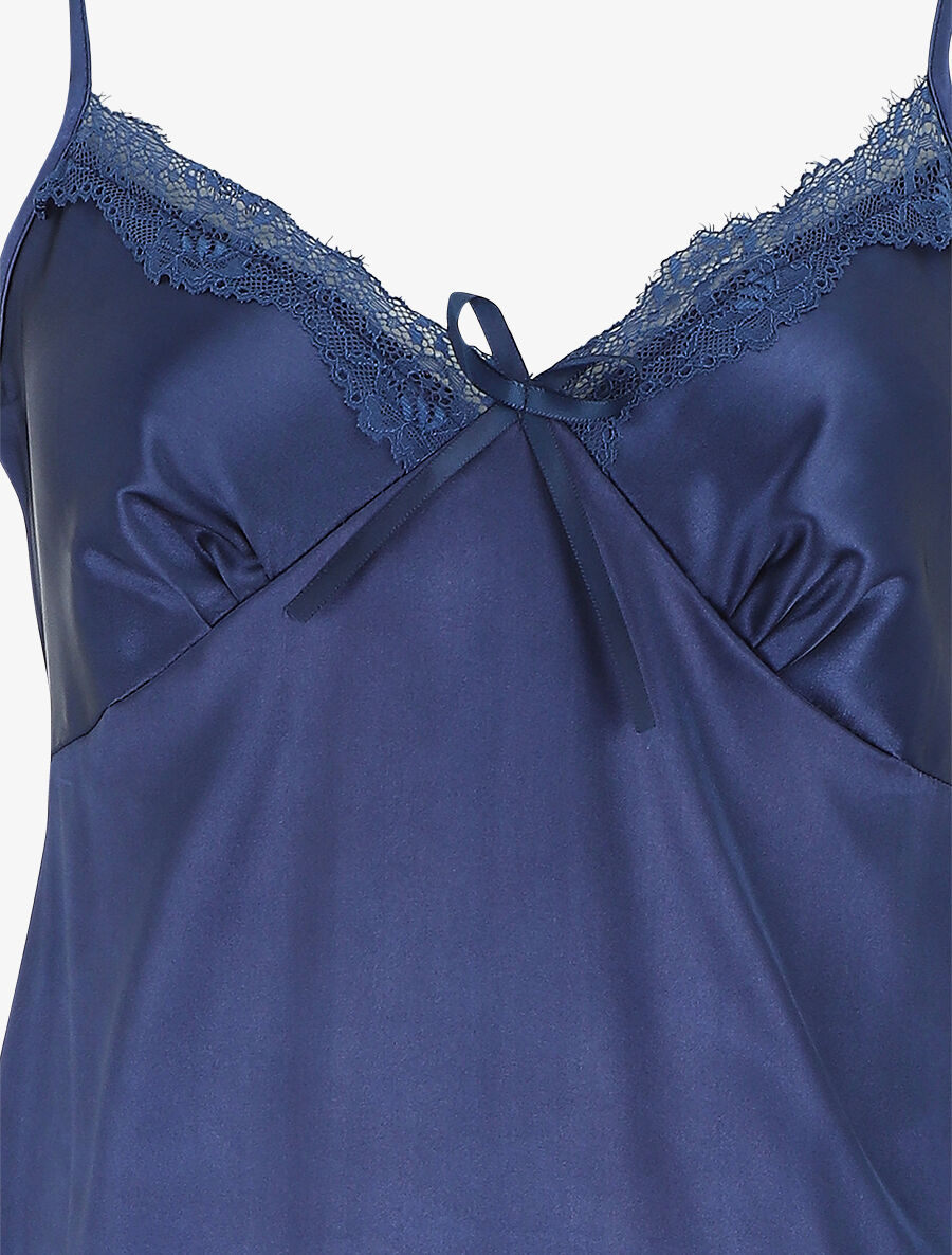 Nuisette unie à col V en dentelle effet satiné - Marine - 3