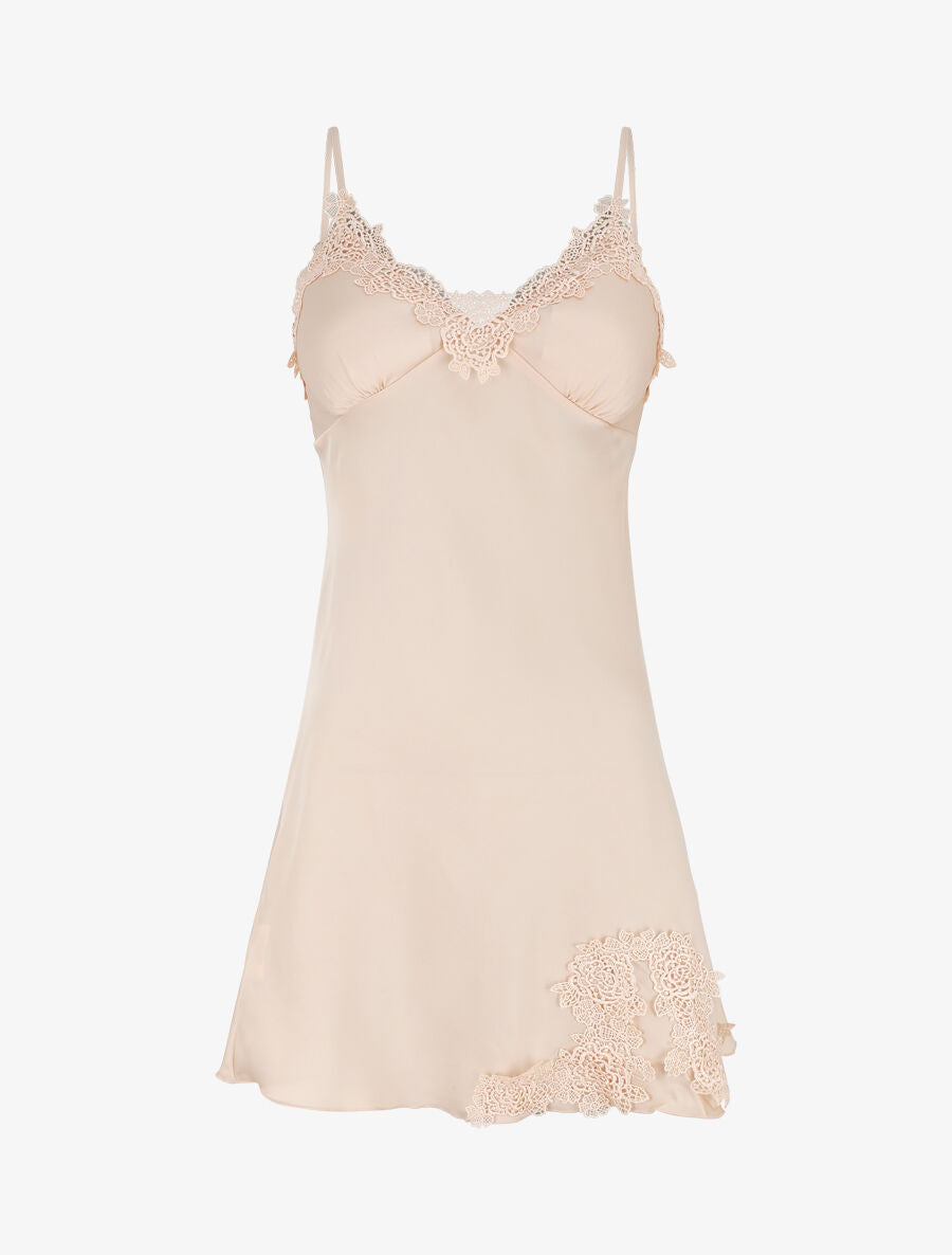 Nuisette satinée col en dentelle - Beige - 4