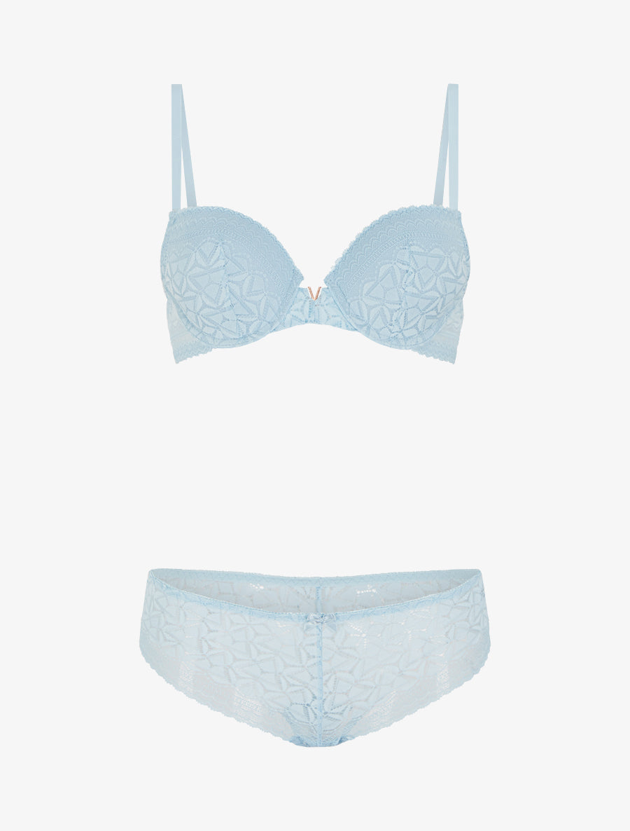 Ensemble soutien-gorge et culotte ajouré et bijou - Bleu ciel - 1