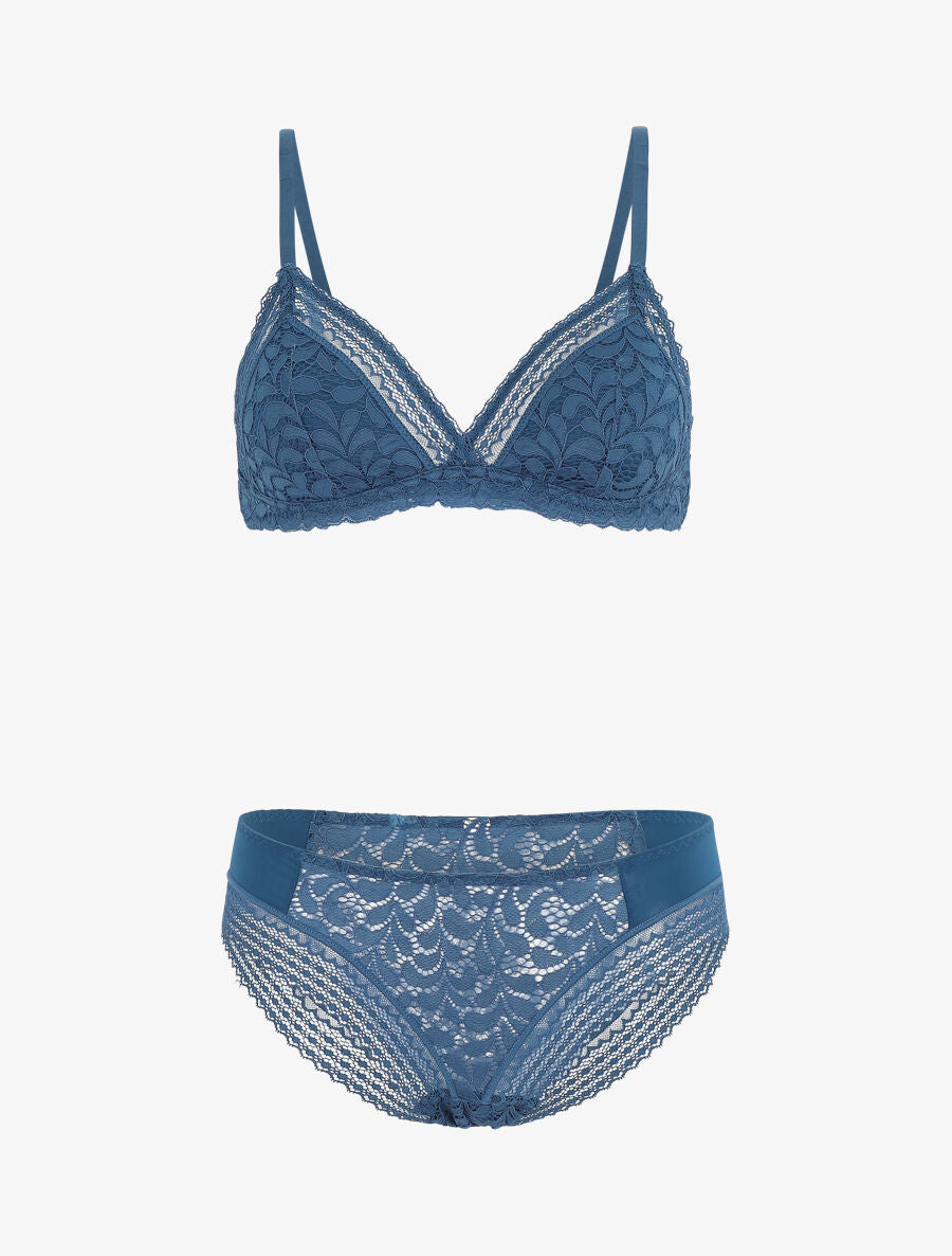 Ensemble push up en dentelle à motifs fleuri - Bleu canard - 2
