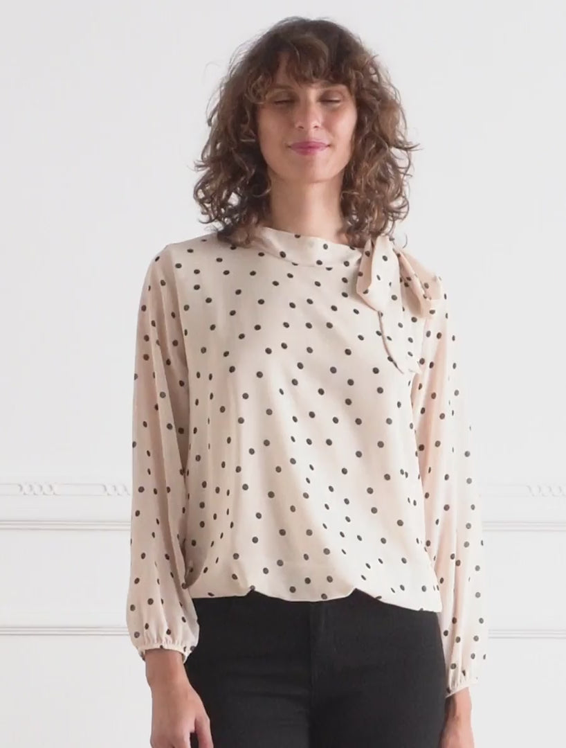 Top à pois et col lavallière - Beige