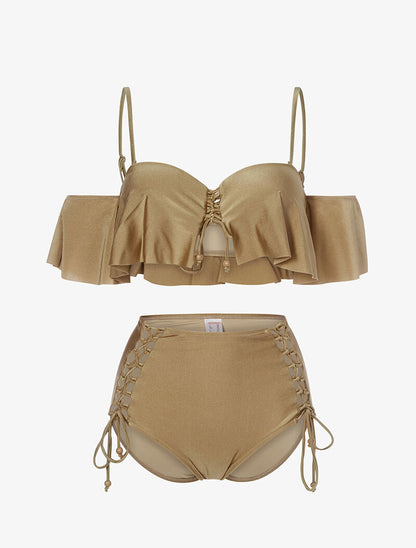 Bikini volanté et taille haute - marron clair - 1