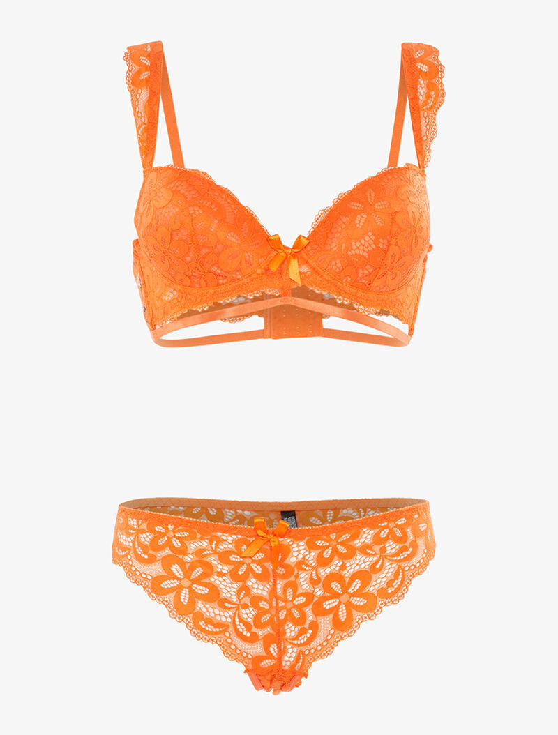 Ensemble en dentelle motifs fleurs - orange - 1