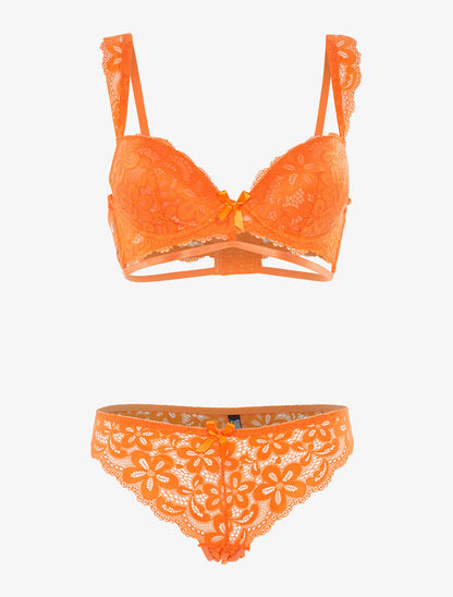 Ensemble en dentelle motifs fleurs - orange - 1