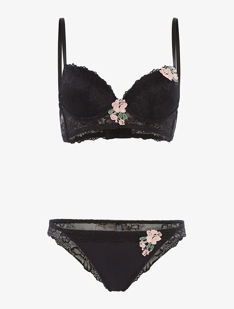 Ensemble SG et tanga empiècement fleurs brodées - noir - 3