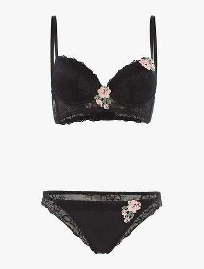 Ensemble SG et tanga empiècement fleurs brodées - noir - 3