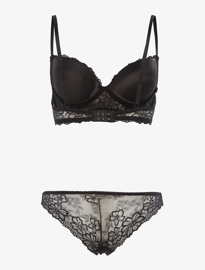 Ensemble SG et tanga empiècement fleurs brodées - noir - 2
