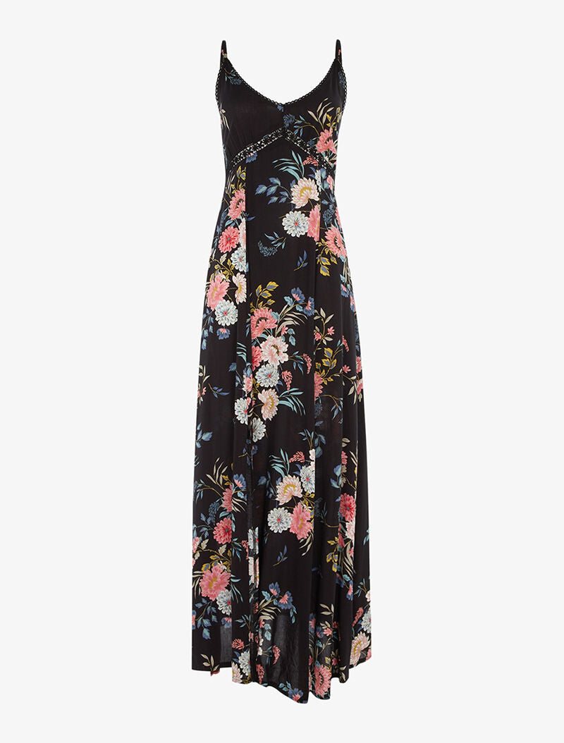 Robe longue fleurie à détails crochet - noir - 3