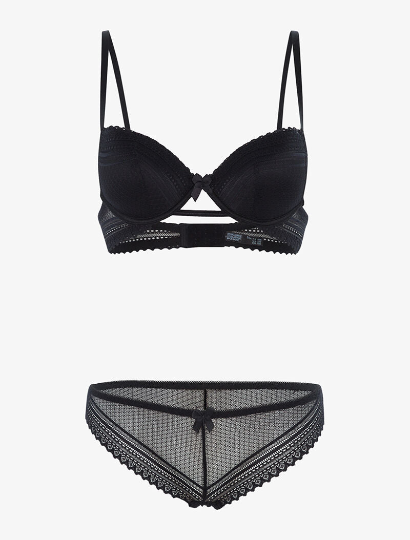 Ensemble dentelle ajourée et tanga - noir - 1