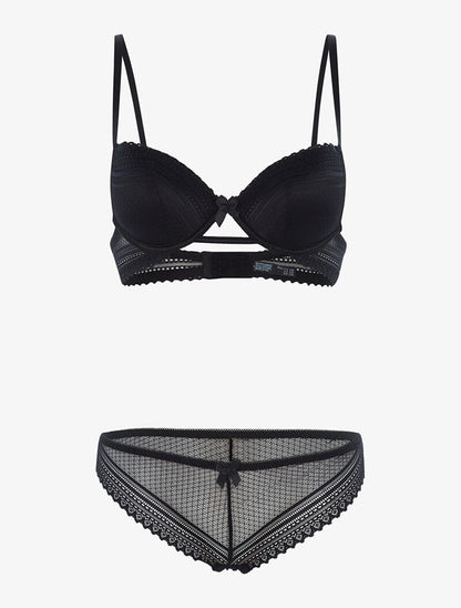 Ensemble dentelle ajourée et tanga - noir - 1