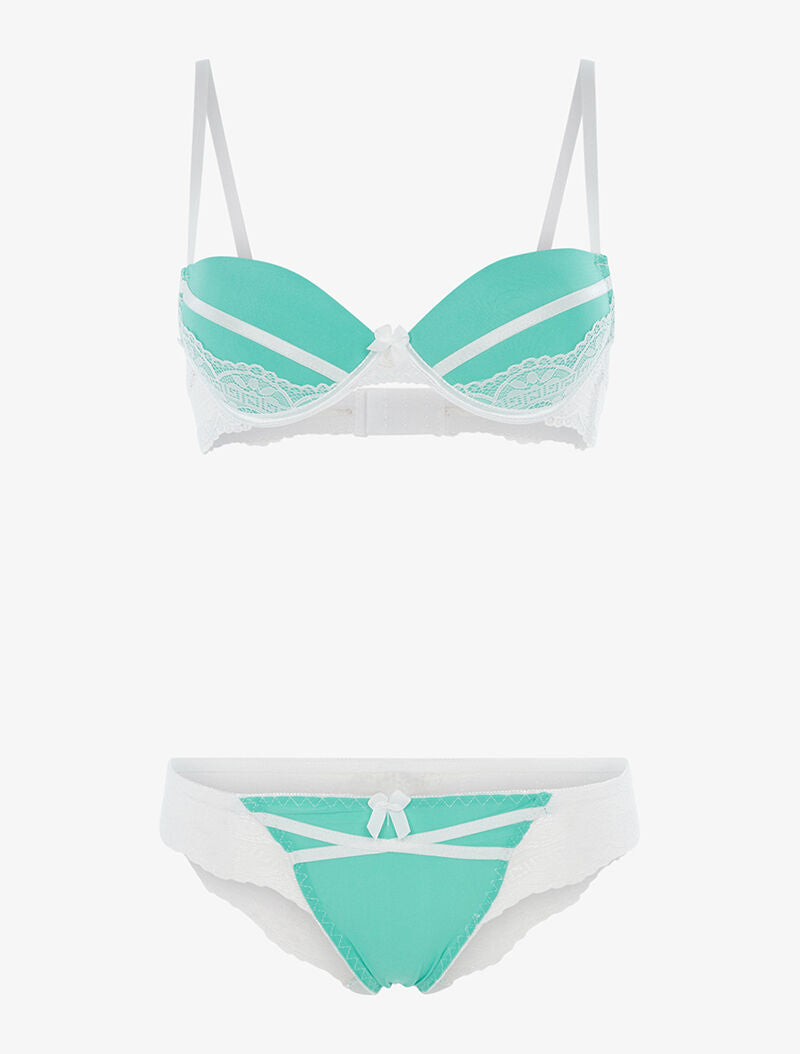 Ensemble à empiècements dentelle et tanga - turquoise - 3