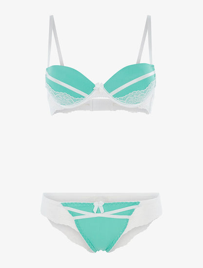 Ensemble à empiècements dentelle et tanga - turquoise - 3