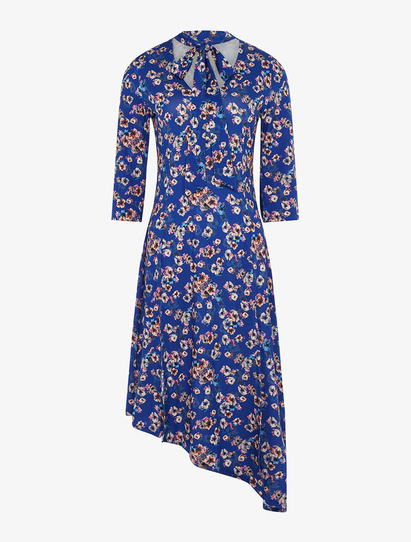 Robe fleurie bas asymétrique et fendu - bleu - 1