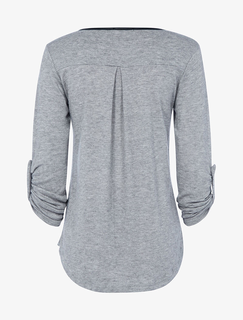 Pull à col boutonné et poche satinée - gris chiné - 2