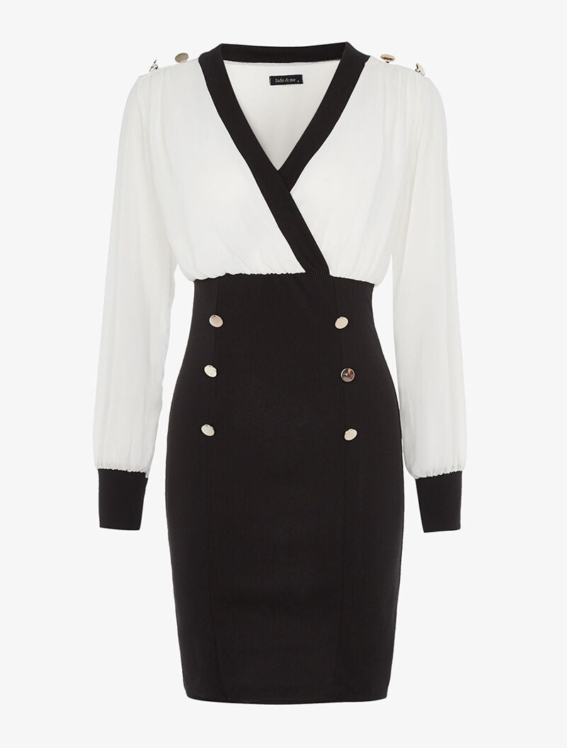 Robe fourreau à boutonnières - blanc et noir - 1