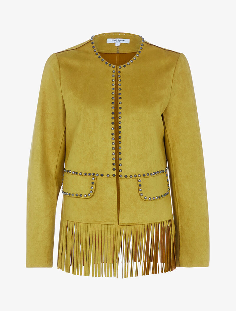 Veste droite cloutée à franges - jaune anis - 1