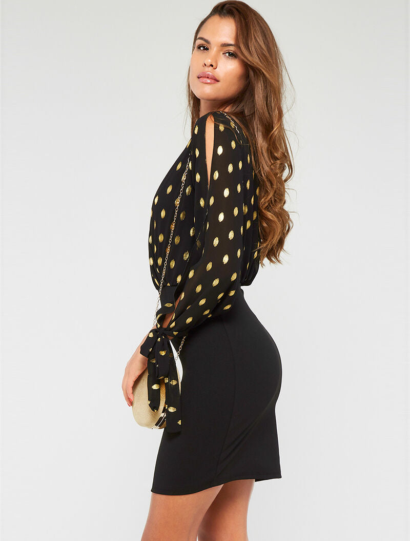 Robe cache-coeur à flocage doré - noir - 2