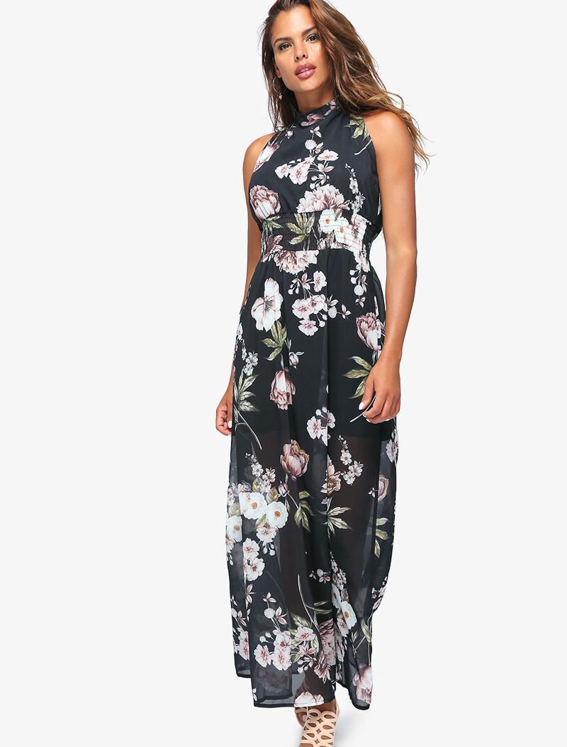 Robe longue à imprimé grosses fleurs - noir - 3