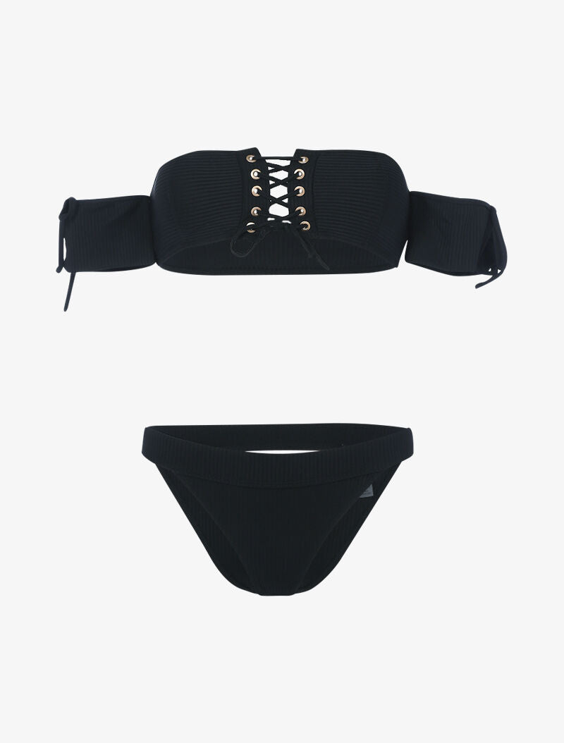 Bikini côtelé à corsage et tanga ajouré - noir - 1