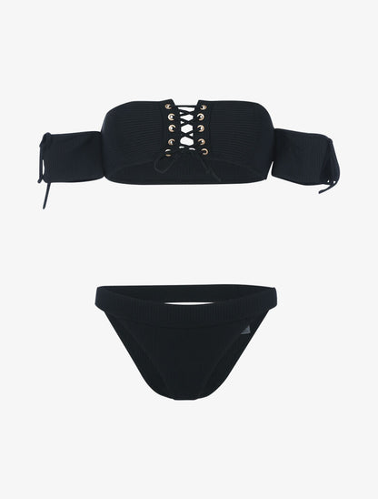 Bikini côtelé à corsage et tanga ajouré - noir - 1