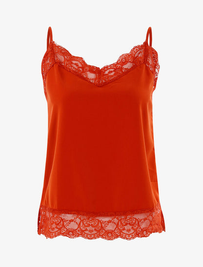 Top satiné à bords dentelle - orange - 1