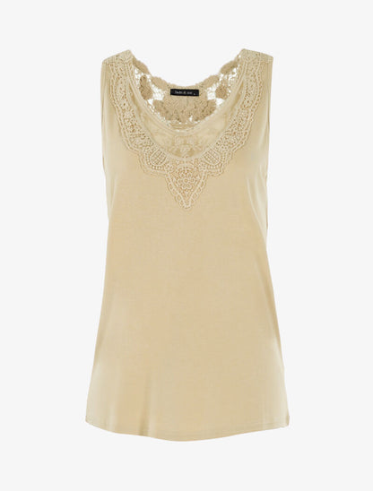 Top à empiècements tulle et crochet - beige - 1