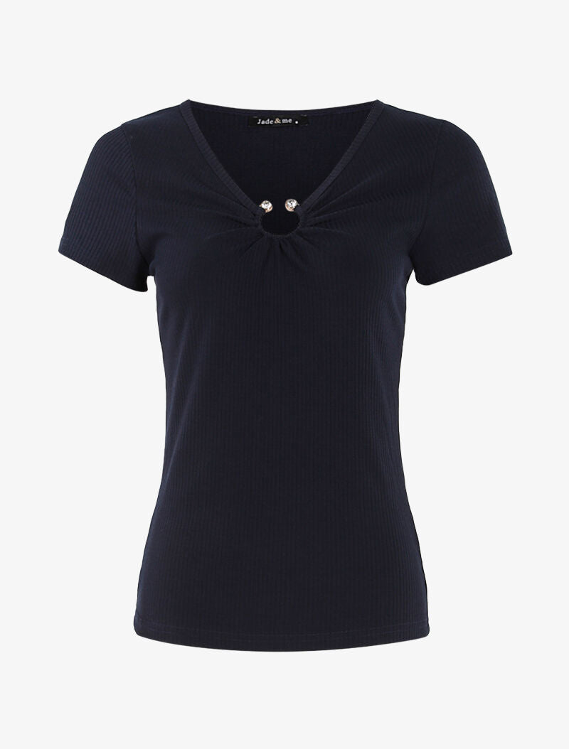 Top côtelé à col bijou - marine - 1