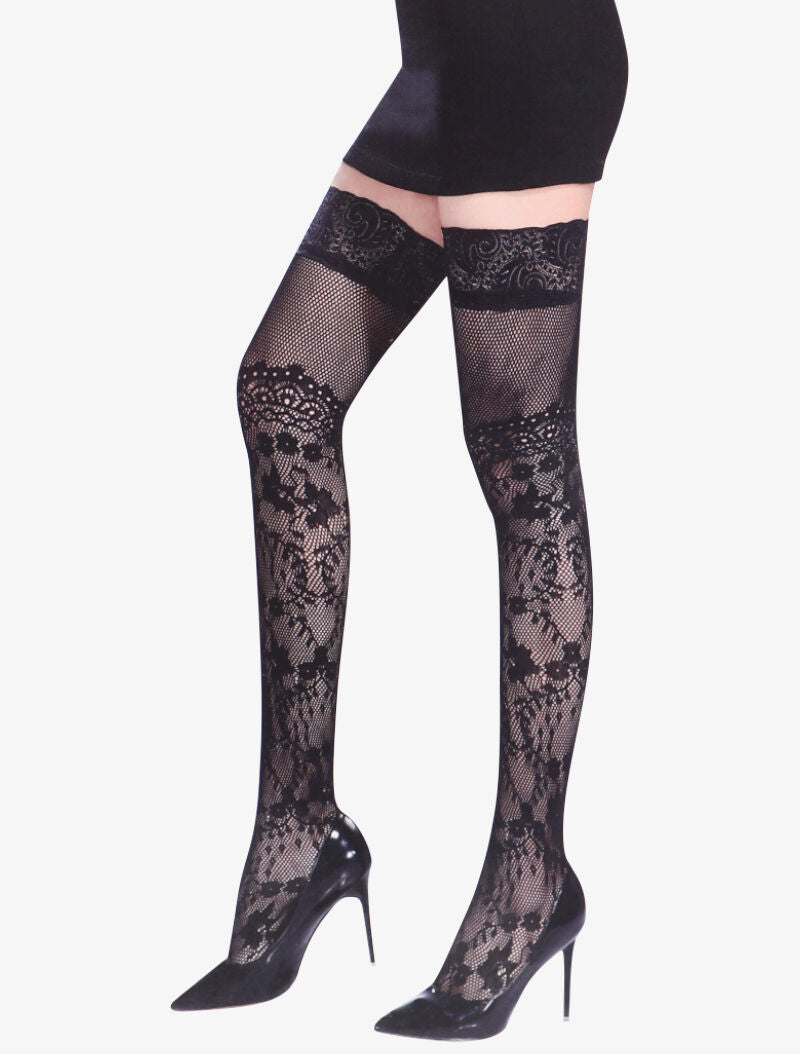 Bas en dentelle fleurie et détails résille - noir - 1