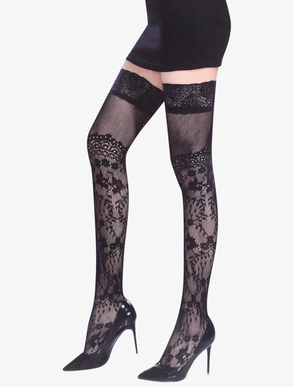Bas en dentelle fleurie et détails résille - noir - 1