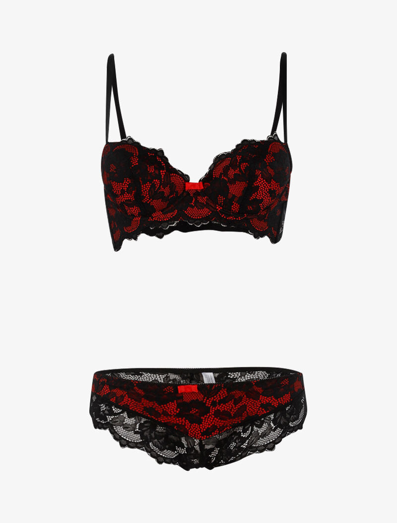 Ensemble dentelle doublée et tanga - noir/rouge - 1