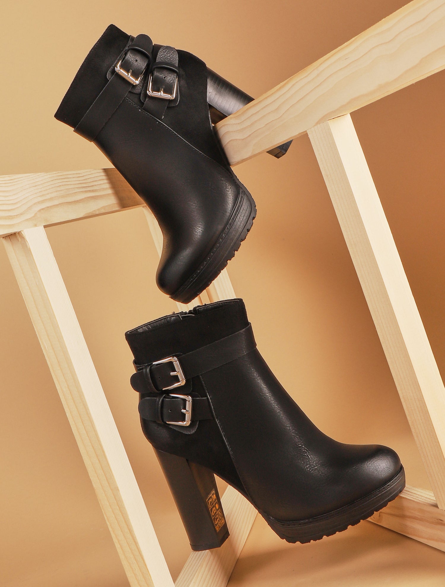 Bottines hautes bimatière à sangles - noir - 1