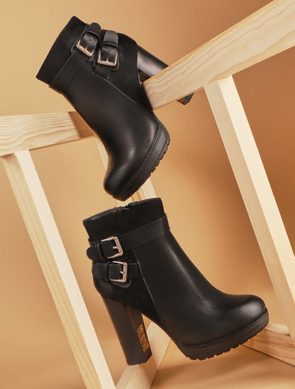 Bottines hautes bimatière à sangles - noir - 1
