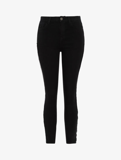 Jean 7/8 taille haute brodé ajouré - noir