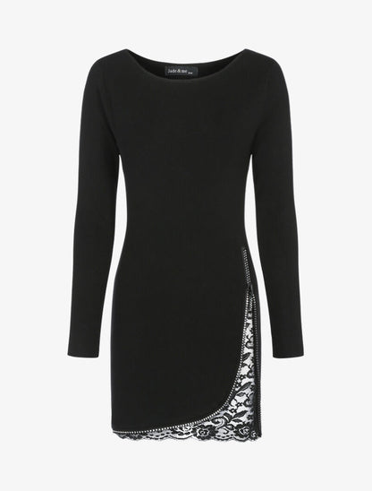 Robe pull à zip strassé et dentelle - noir - 1