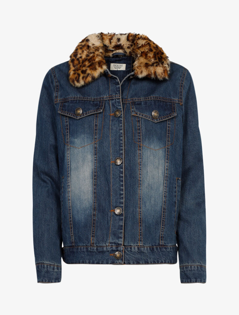 Veste en jean à col style léopard - bleu denim - 1