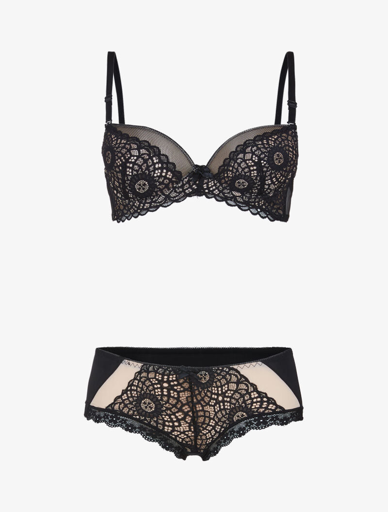 Ensemble en dentelle et résille - noir/beige - 1