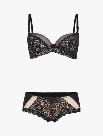 Ensemble en dentelle et résille - noir/beige - 1