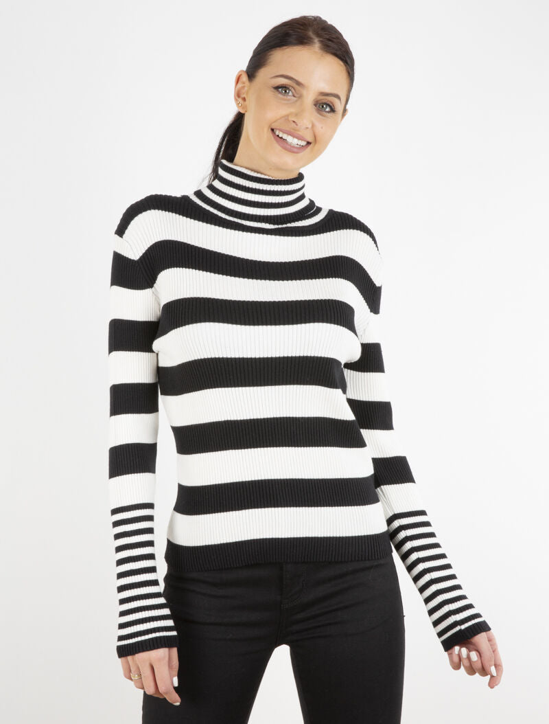 Pull côtelé à rayures et à col roulé - noir/écru - 4