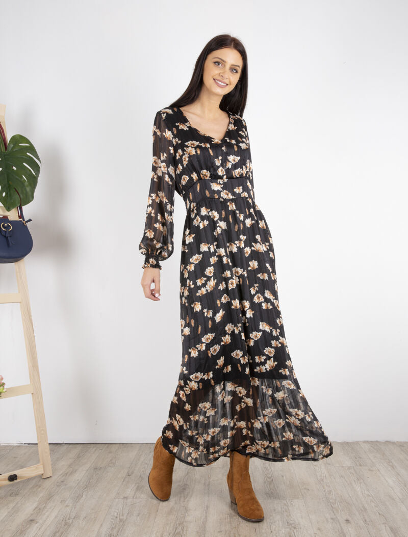 Robe longue à taille marquée imprimé fleurs blanches - noir - 4