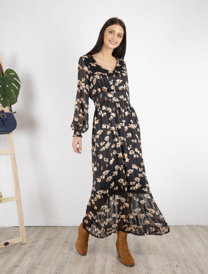 Robe longue à taille marquée imprimé fleurs blanches - noir - 4