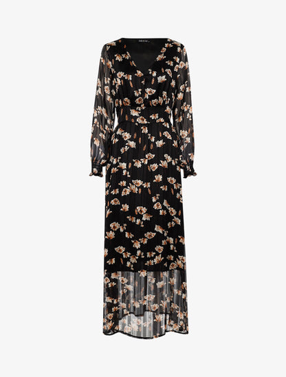 Robe longue à taille marquée imprimé fleurs blanches - noir - 2
