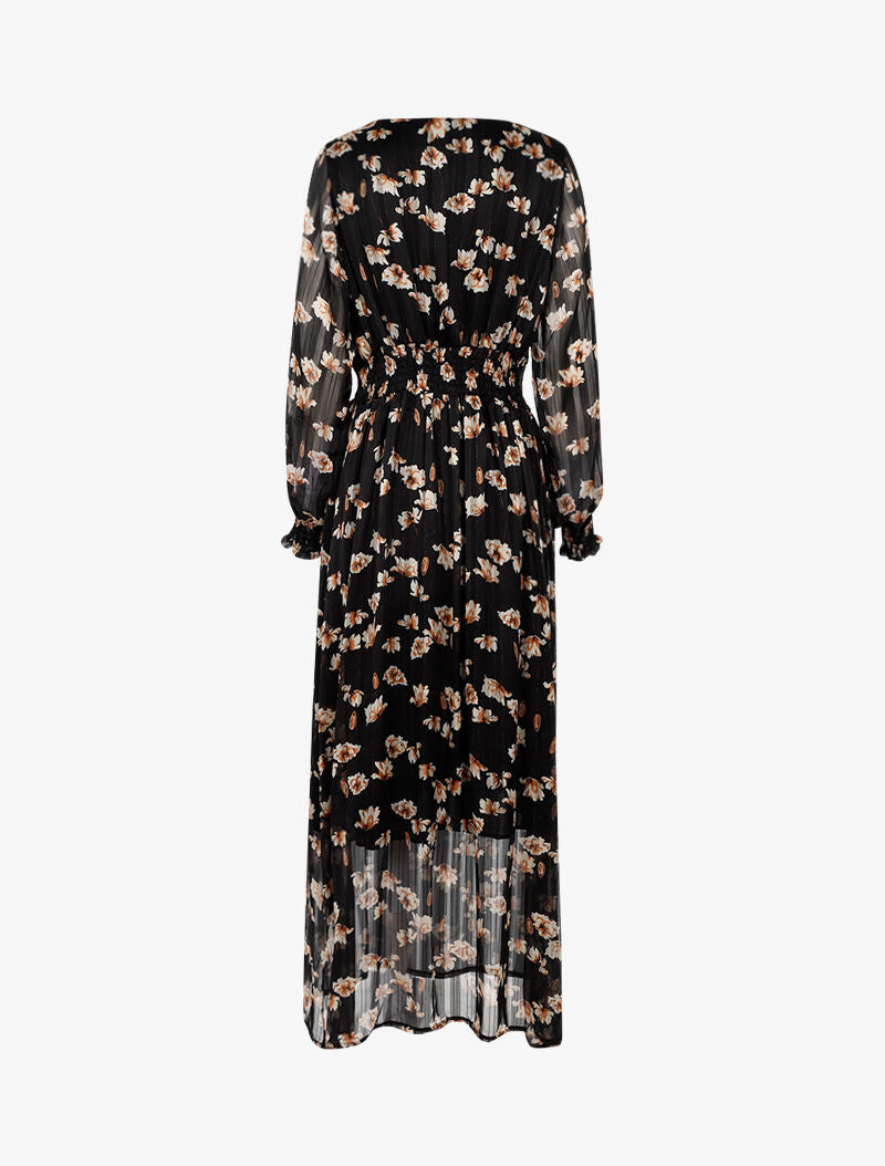 Robe longue à taille marquée imprimé fleurs blanches - noir - 3