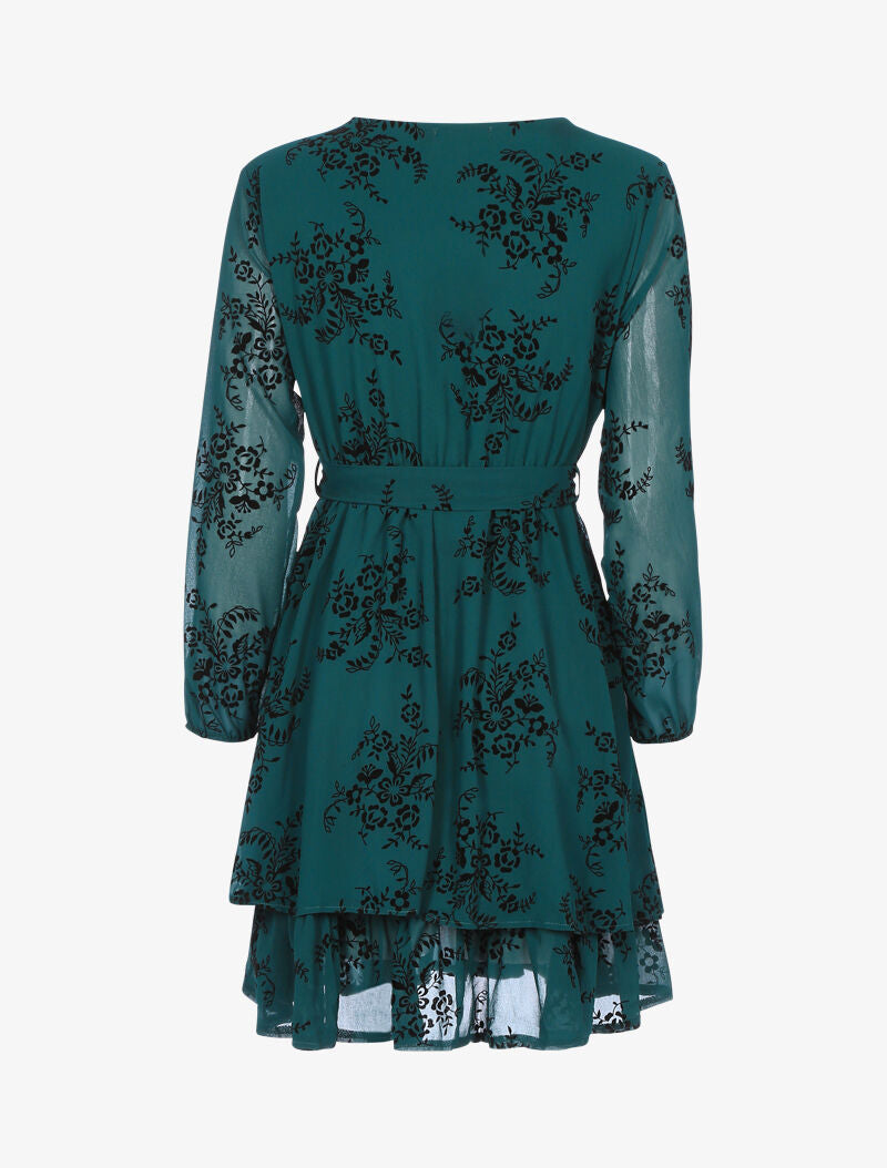 Robe patineuse effet velours et fleurs graphiques - vert foncé - 2