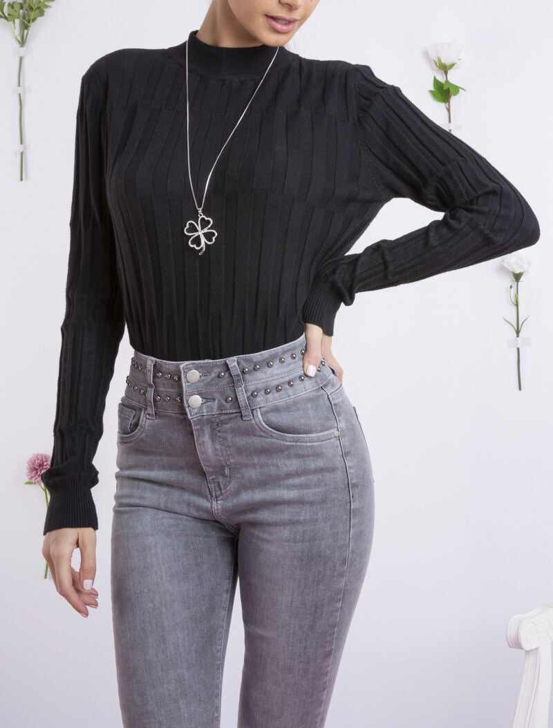 Pull à relief graphique à col montant - noir - 3