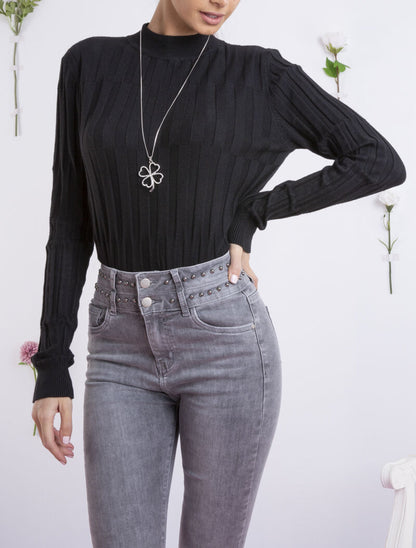 Pull à relief graphique à col montant - noir - 3