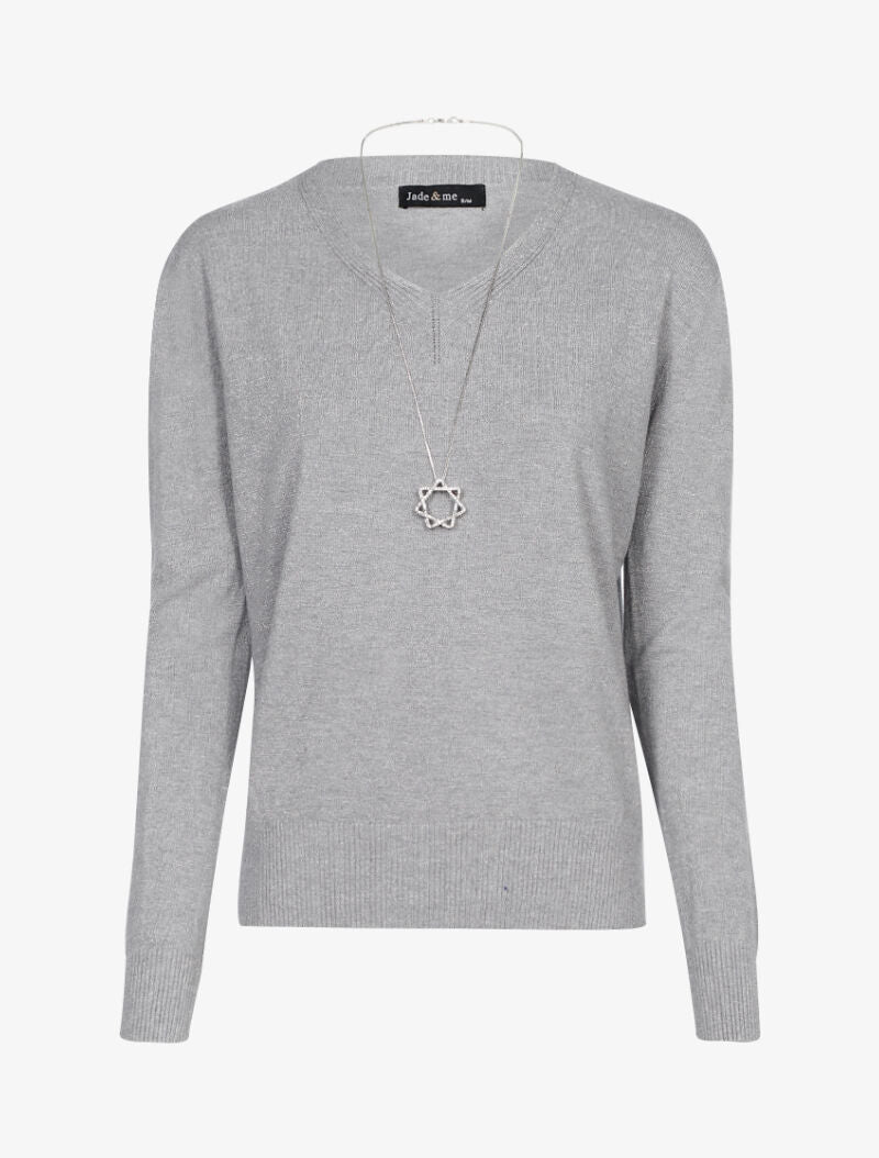 Pull loose pailleté à col V - gris - 1